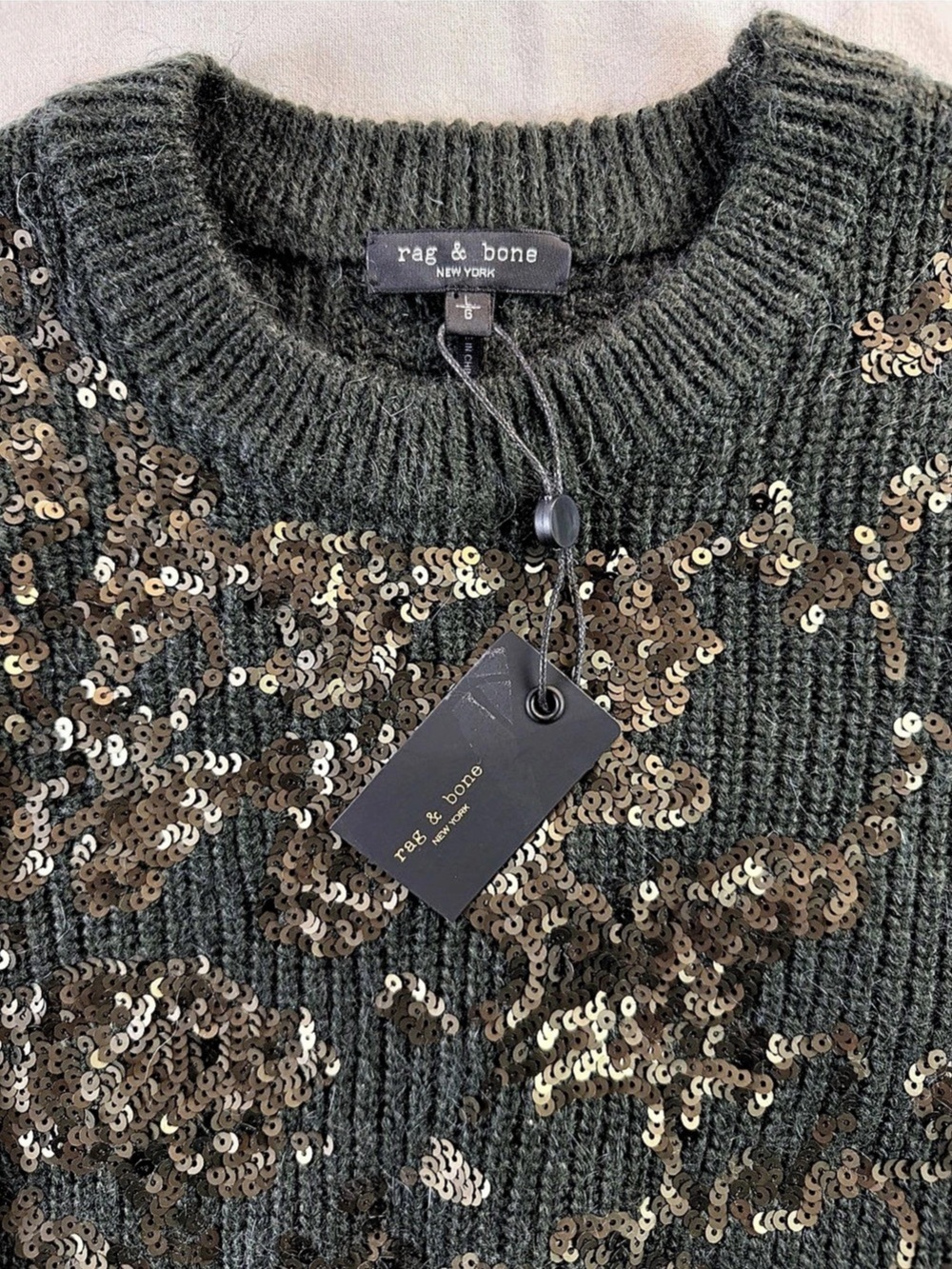 rag & bone Liza Sequin Detail Wool Oversized Cropped Sweater Green & Gold NWT - Picture 10 of 10
